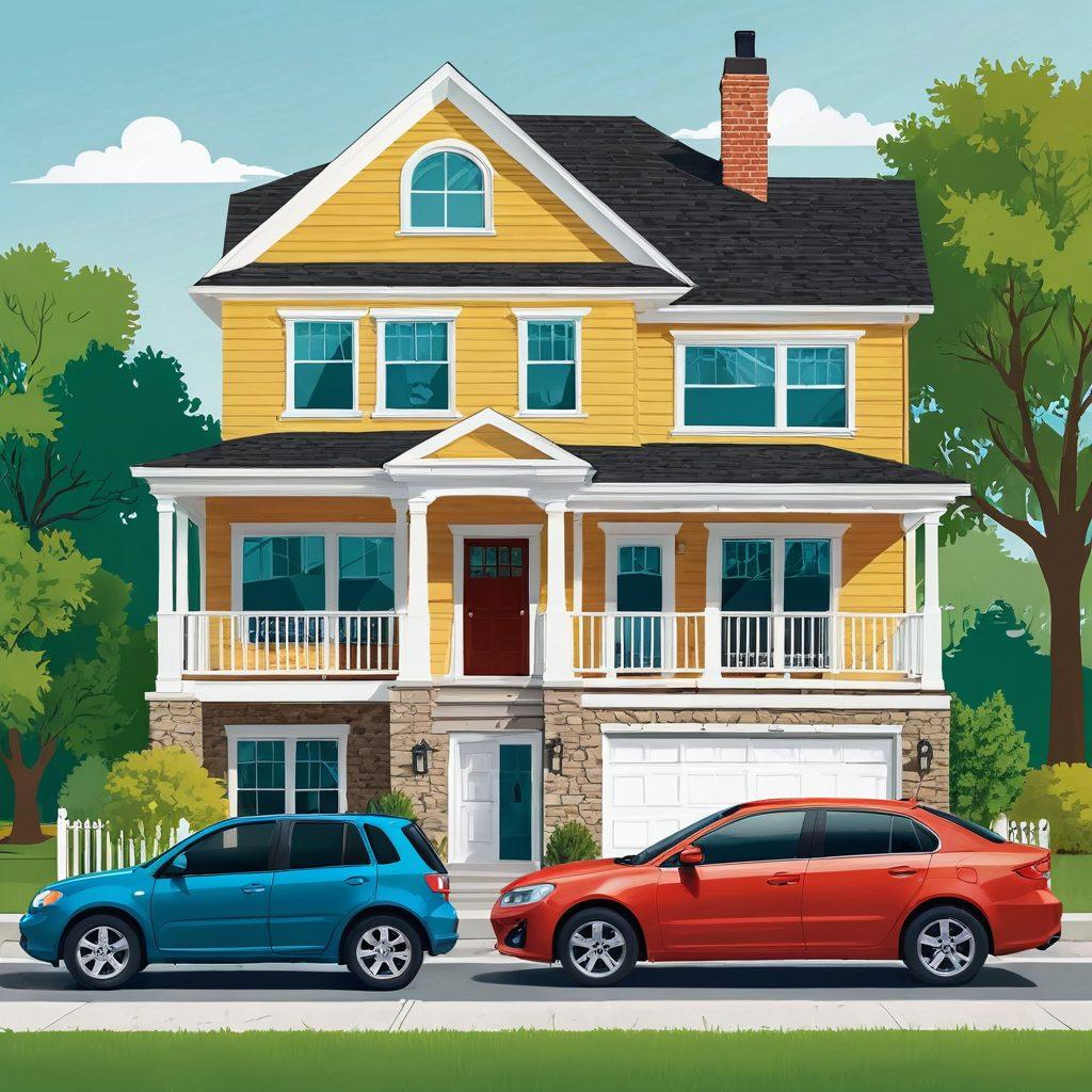 An informative collage depicting key elements of auto, home, life, and business insurance. Include a shiny car, a cozy house, a happy family, and a professional business setting. Integrate icons or symbols representing policy documents, coverage areas, and protection. Use a clear and modern layout with vibrant colors to enhance clarity. vector art. vibrant colors. white background.