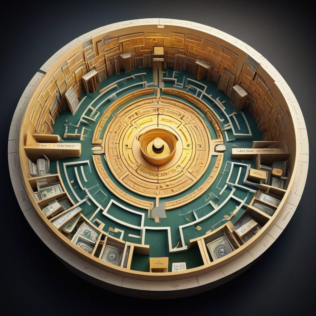 A complex labyrinth made of various insurance symbols such as shields, paperwork, and money, with a person at the center holding a map, looking determined but slightly confused. The maze features labeled paths representing different insurance coverage options, while golden light highlights potential exit points illustrating premium quotes. The background should have a blend of dark and light colors to create contrast, symbolizing the complexities of insurance. super-realistic. vibrant colors. 3D.